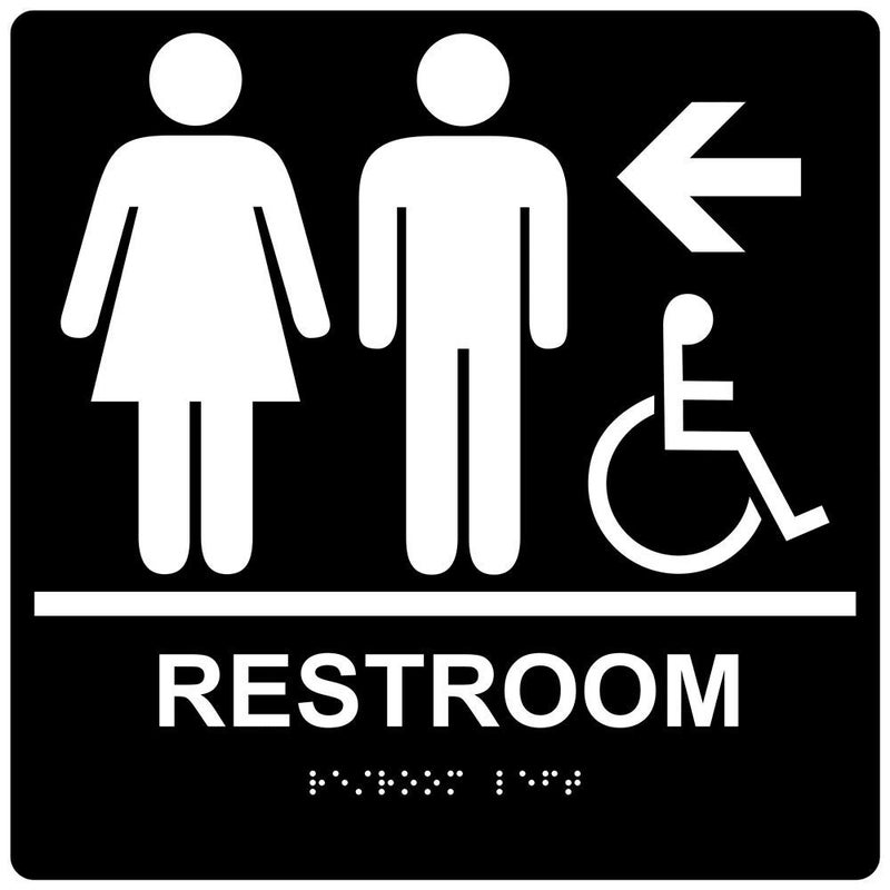 ComplianceSigns.com Wheelchair Accessible Restroom Left Sign, ADA-Compliant Braille and Raised Letters, 9x9 in. Black Acrylic with Mounting Strips - Image 1